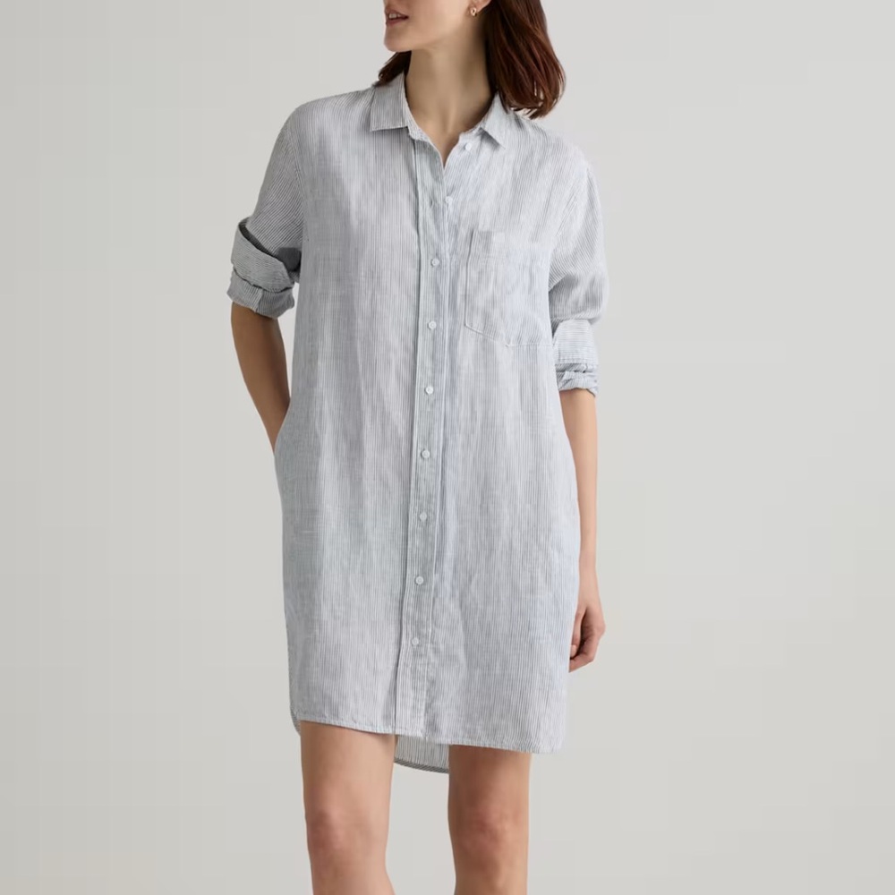 Quince- 100% European Linen Shirt Dress in Blue Pinstripe